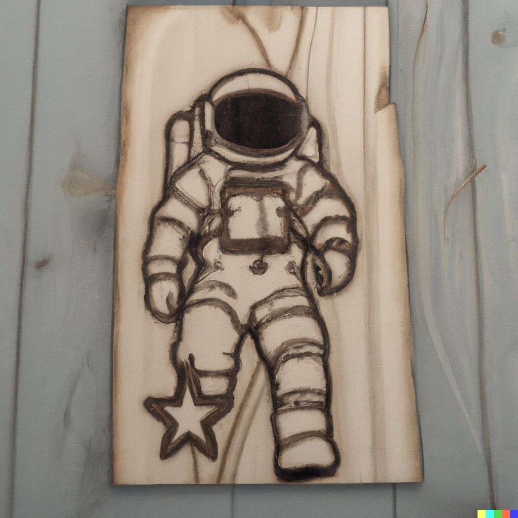 an astronaut, pyrography on a piece of wood